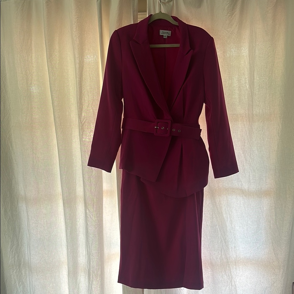 Chic Magenta Belted Blazer and Skirt Set